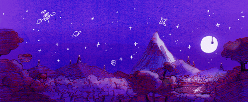 a drawing of a mountain surrounded by trees and stars