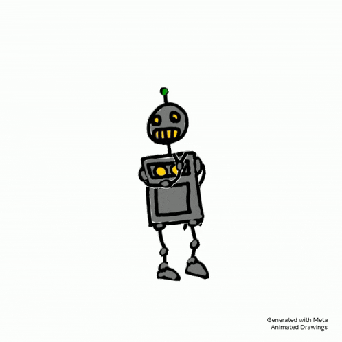 a cartoon drawing of a robot with a green head and yellow eyes standing on a white background .