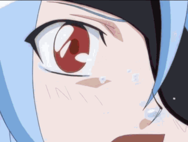 a close up of a anime character with blue hair and red eyes