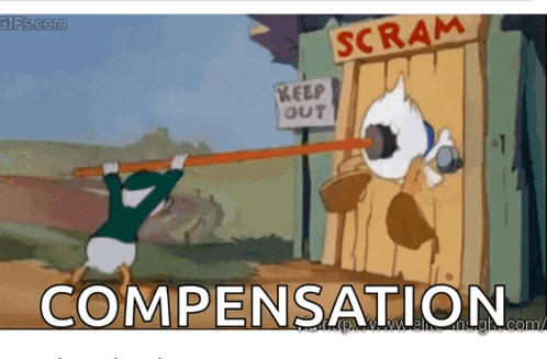 a cartoon of donald duck holding a stick in front of a sign that says scram compensation