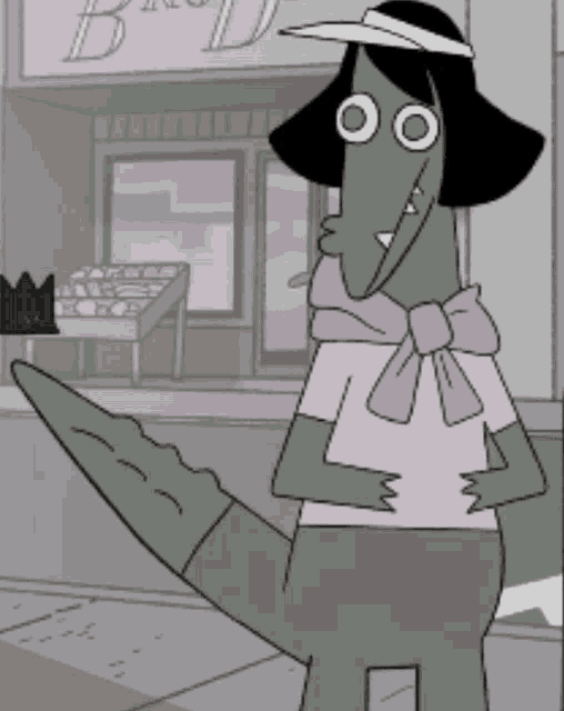 a cartoon alligator wearing a pink shirt and a hat