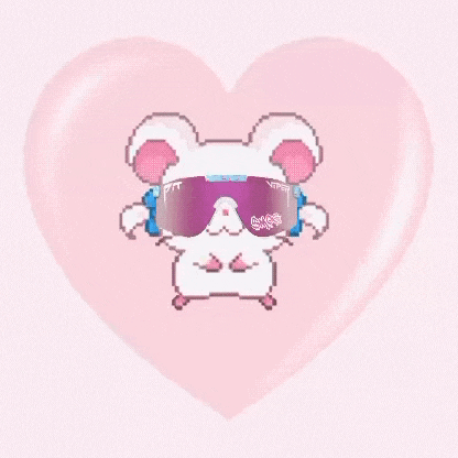 a pixel art of a mouse wearing sunglasses on a pink heart background .