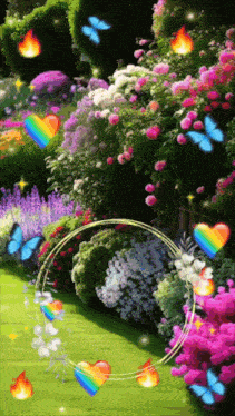 a garden with flowers and butterflies and a rainbow heart
