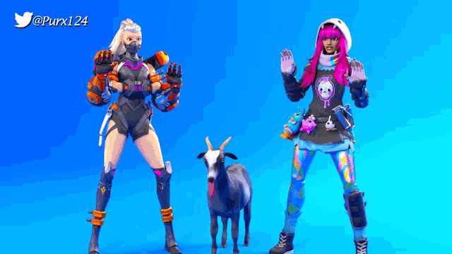 two female video game characters standing next to a goat on a blue background with the twitter username purx124