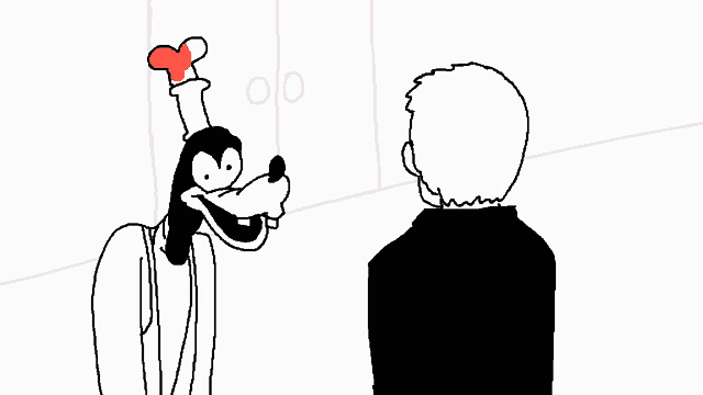 a cartoon of goofy talking to a man in a suit