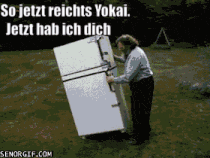 a man is carrying a large refrigerator with the words so jetzt reichts yokai jetzt hab ich dich
