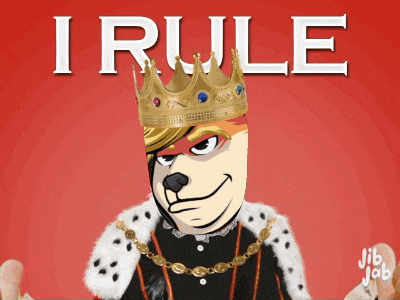 a cartoon dog wearing a crown and a king 's robe with the words i rule behind him