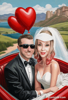 a painting of a bride and groom in a red car