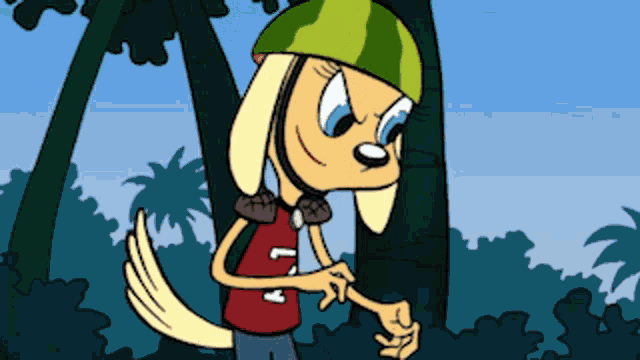 a cartoon dog wearing a green helmet and a red shirt that says i on it