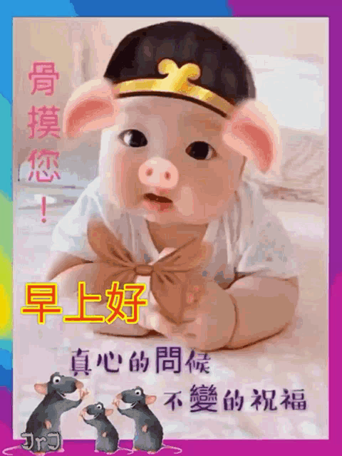 a baby wearing a pig hat is laying on a bed