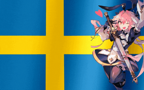 a blue and yellow flag with a girl holding a sword in front of it