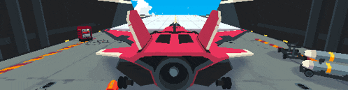 a pixel art drawing of a red jet with its wings up