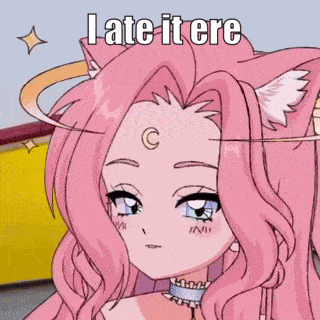 a pink anime girl with cat ears and a crescent moon on her forehead is wearing a choker .
