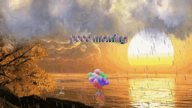 a painting of a sunset with a bunch of balloons and the words good morning
