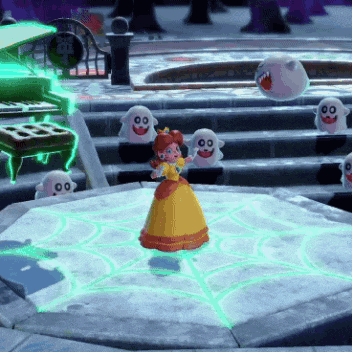 a girl in a yellow dress is standing on a stage with ghosts behind her