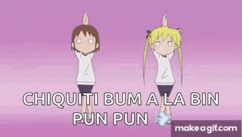 a couple of anime girls are standing next to each other on a purple background with their hands in the air .