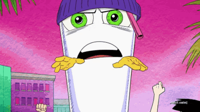 a cartoon drawing of a cup with green eyes and a straw and the words adult swim below it