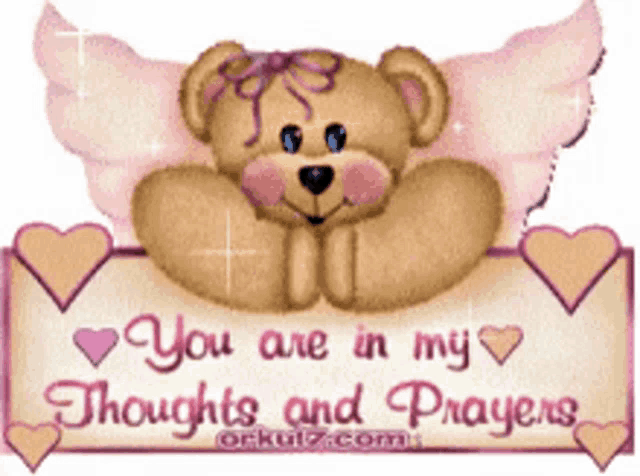 a teddy bear with angel wings is holding a sign that says you are in my thoughts and prayers