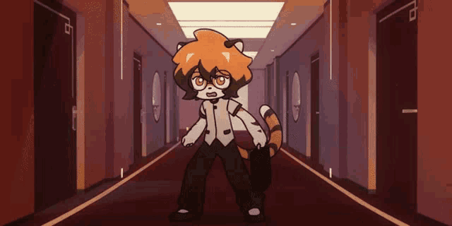 a cartoon character is standing in a hallway with his hand on his face .