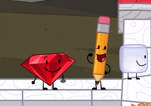 a cartoon drawing of a diamond a pencil and an ice cube with faces