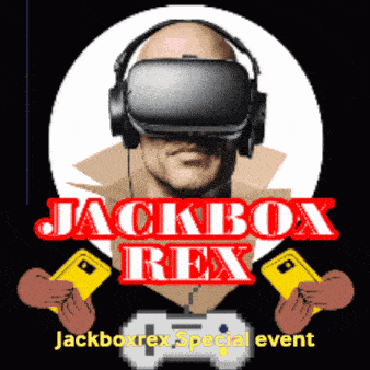 a man wearing a virtual reality headset with the words jackbox rex in red
