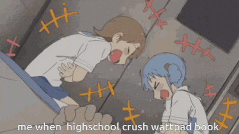 a cartoon of a girl laying on the floor with the words `` me when highschool crush wattpad book '' .
