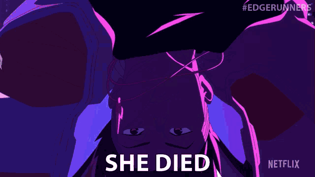 a netflix advertisement for edgerunners shows a person upside down and says she died