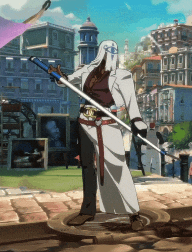 a man in a white robe holding a sword in front of a city