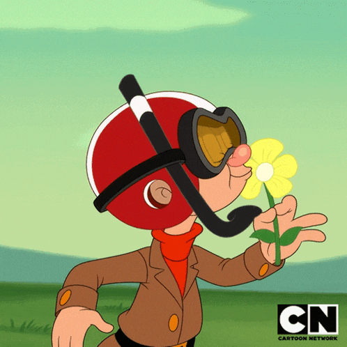 a cartoon character wearing a red helmet and goggles is holding a yellow flower with the cn logo in the background