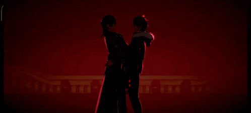 two anime characters standing next to each other in front of a red background