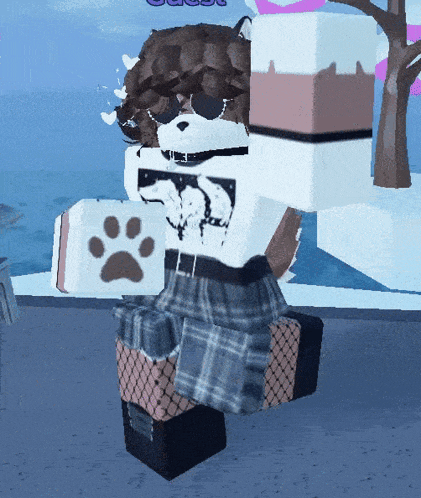 a cartoon character wearing sunglasses and a plaid skirt holds a paw print