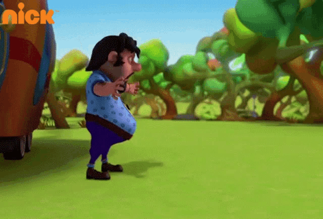 a cartoon character is standing in a field with a nick logo in the background