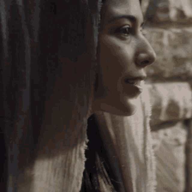 a close up of a woman 's face with a veil on her head