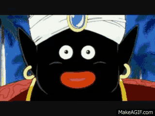 a black cartoon character wearing a white turban and gold earrings says makeagif.com