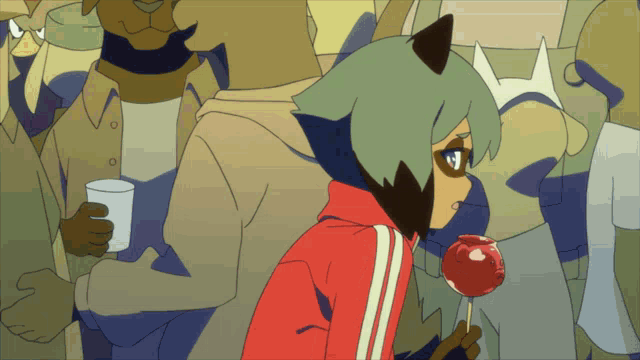 a cartoon drawing of a girl holding a red apple