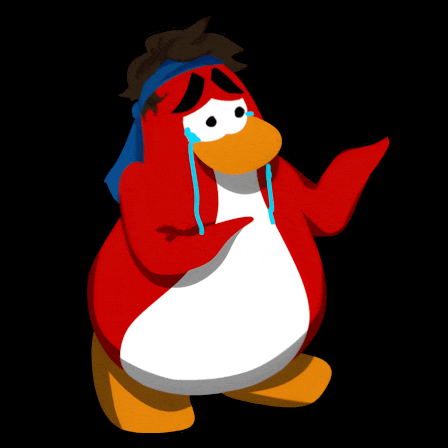 a red penguin with tears running down his face