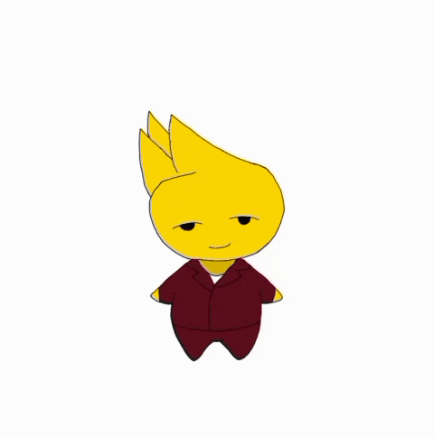 a cartoon drawing of a yellow cartoon character with a red jacket
