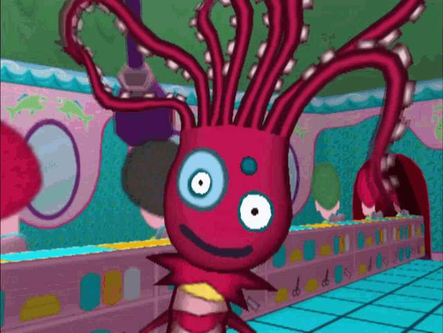 a cartoon drawing of a pink octopus with a blue eye