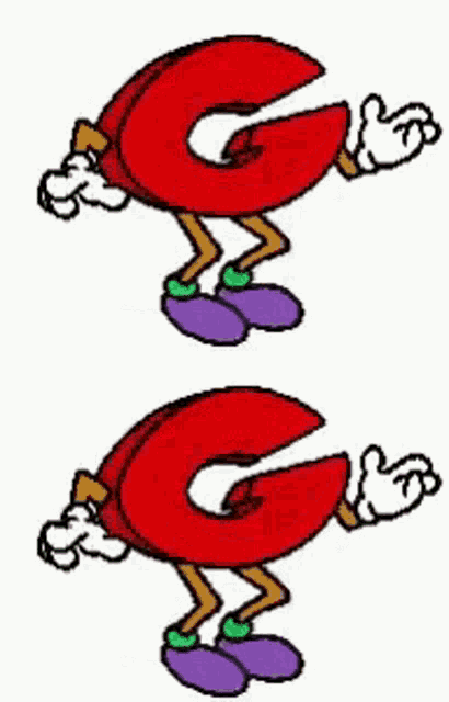 a cartoon drawing of a red letter g with arms and legs