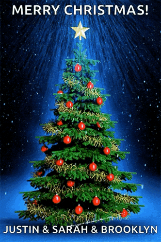 a merry christmas poster with a christmas tree and the names justin and sarah and brooklyn