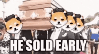 a group of dogs are carrying a coffin with the words `` he sold early '' on it .