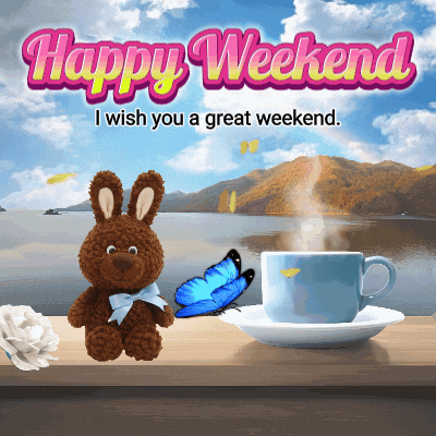 a happy weekend greeting card with a bunny and a cup of coffee on a table