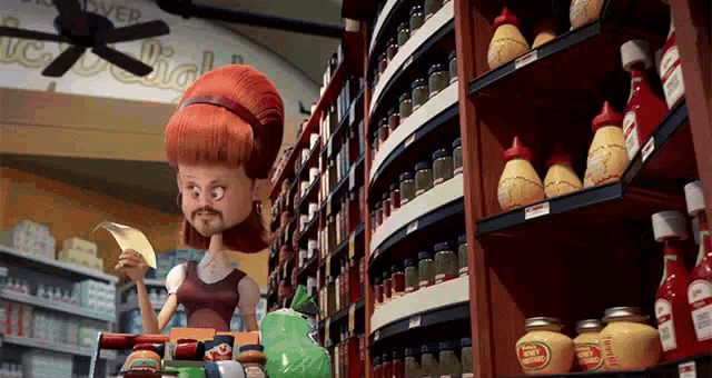 a cartoon character is standing in a grocery store holding a receipt
