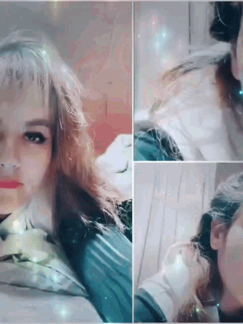 a collage of three pictures of a woman with long hair