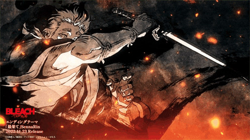 a drawing of a man holding a sword with bleach written in red