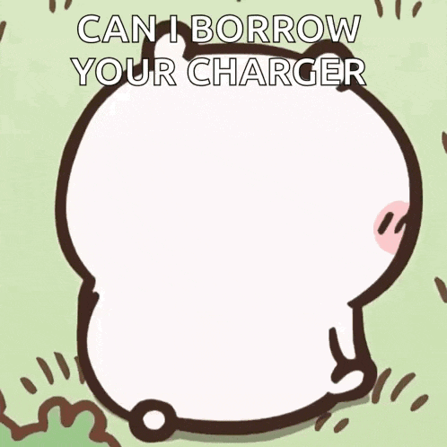 a cartoon cat is sitting in the grass and says `` can i borrow your charger ''