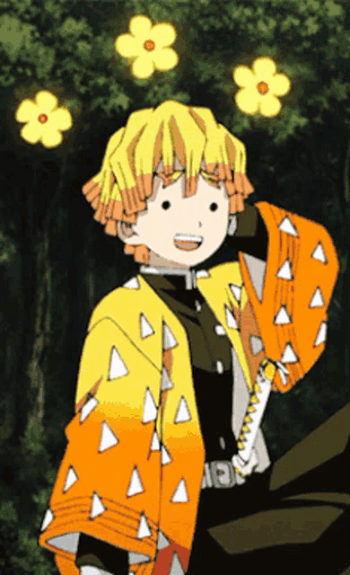 a boy with yellow hair is holding a sword and smiling with yellow flowers behind him