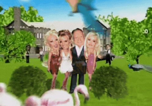 a cartoon of a man and three women standing in front of a large house