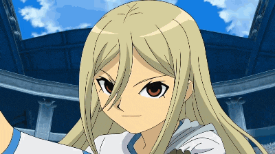 a cartoon character with long blonde hair is standing in front of a blue building