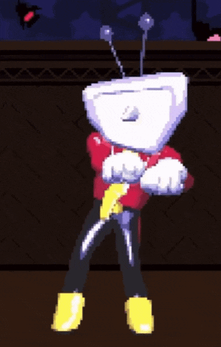 a pixel art drawing of a cartoon character with a tv head